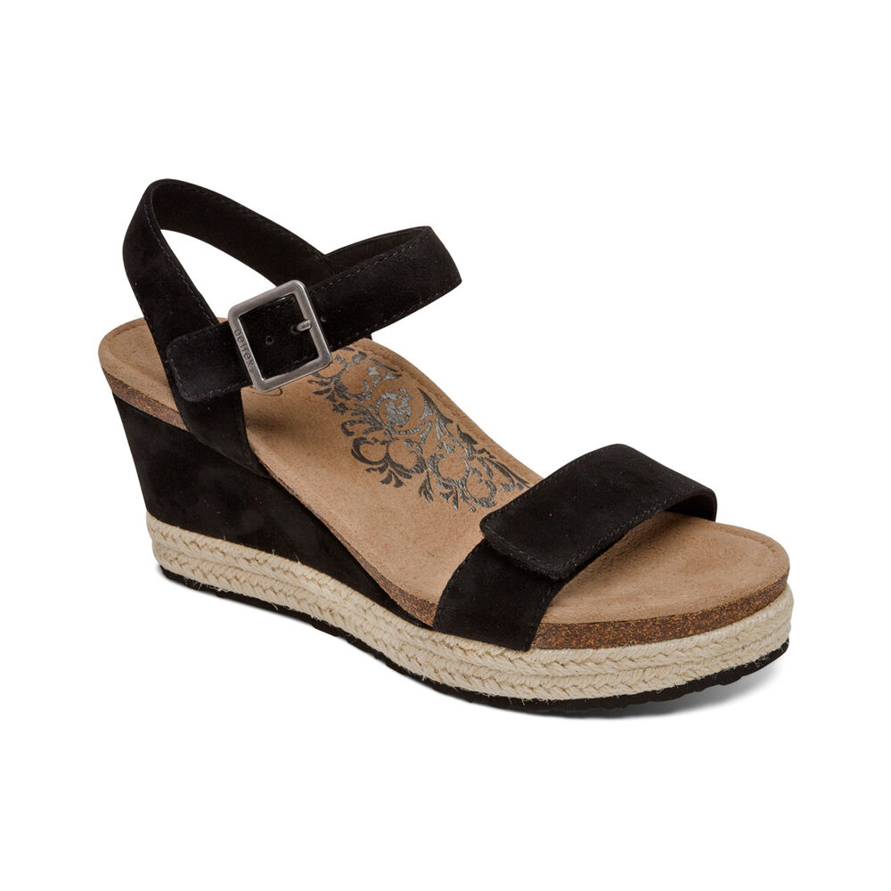 Aetrex Women's Sydney Quarter Strap Espadrille Wedge Sandals - Black | USA MVWGBZE